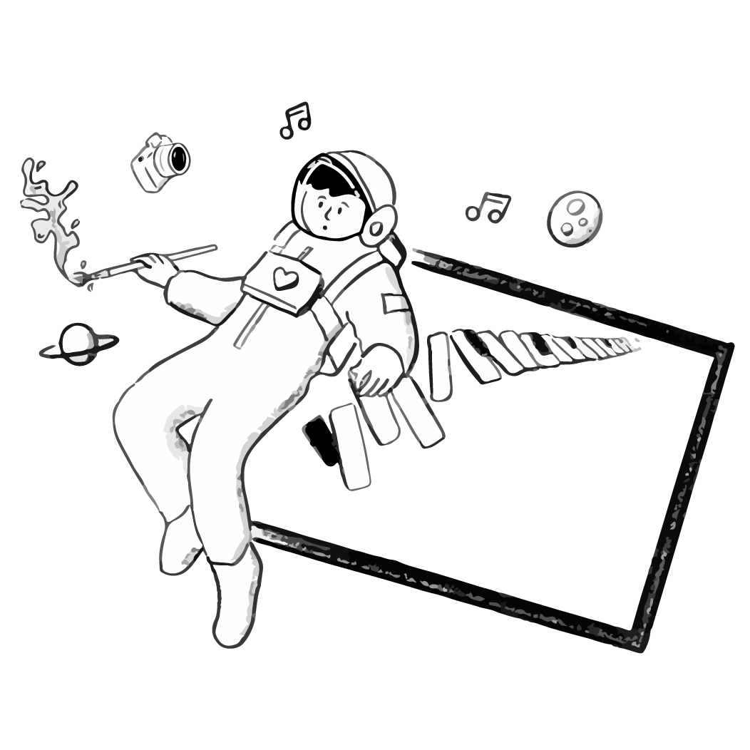 Andy floating through the air as an astronaut drawing.